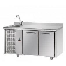 2 doors Stainless Steel GN 1/1 Refrigerated Counter with 100 mm rear riser working top with complete sink, with unit on the left side , Tecnodom TF02EKOGNSXLAL