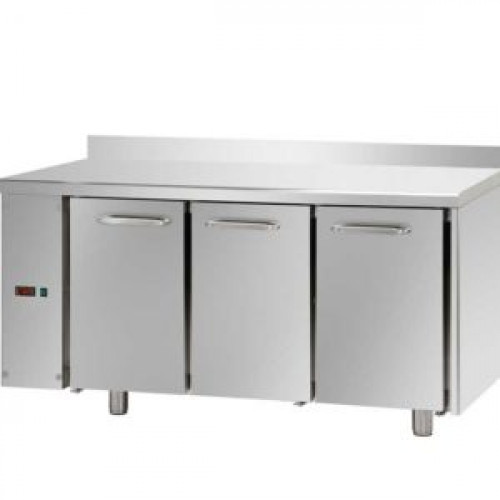 3 doors Stainless Steel GN 1/1 Refrigerated Counter with 100 mm rear riser working top, designed for Normal Temperature remote condensing unit, with connections on the left side, Tecnodom TF03EKOSGSXAL