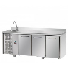 3 doors Stainless Steel GN 1/1 Refrigerated Counter with 100 mm rear riser working top with complete sink, with unit on the left side, Tecnodom TF03EKOGNSXL