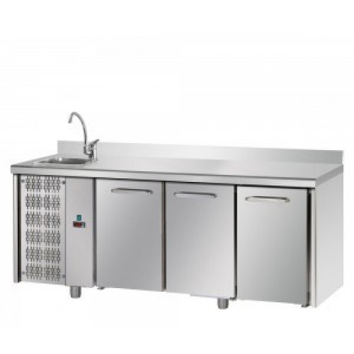 3 doors Stainless Steel GN 1/1 Refrigerated Counter with 100 mm rear riser working top with complete sink, with unit on the left side, Tecnodom TF03EKOGNSXL