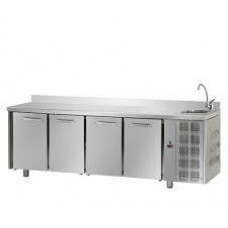 4 doors Stainless Steel GN 1/1 Refrigerated Counter with 100 mm rear riser working top with complete sink, Tecnodom TF04EKOGNLAL