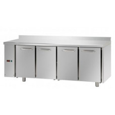 4 doors Stainless Steel GN 1/1 Refrigerated Counter with 100 mm rear riser working top, designed for Normal Temperature remote condensing unit, with connections on the left side, Tecnodom TF04EKOSGSXAL