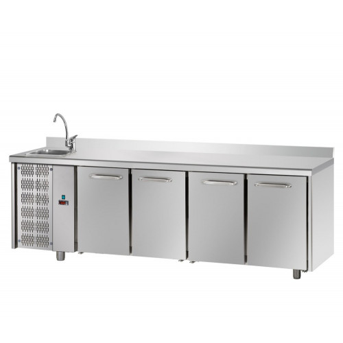 4 doors Stainless Steel GN 1/1 Refrigerated Counter with 100 mm rear riser working top with complete sink, with unit on the left side, Tecnodom TF04EKOGNSXLAL