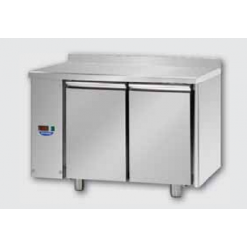 Masă frigorifică, din otel inoxidabil, MID GN 1/1, cu 2 uși ,cu suprafață de lucru de 100 mm și plintă, conceput pentru unitatea de condensare cu temperatură normală, cu racorduri pe partea stângă Tecnodom TF02MIDSGSXAL