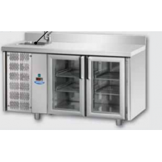 Masă frigorifică, din otel inoxidabil, MID GN 1/1, cu 2 uși des sticlă, cu 1 lumină neon, suprafață de lucru 100 mm și plintă, cu chiuvetă incorporată și unitate pe partea stângă, Tecnodom TF02MIDPVSXLAL