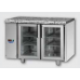 Masă frigorifică, din otel inoxidabil, MID GN 1/1, cu 2 uși des sticlă, cu 1 lumină Neon, suprafață de lucru din granit, conceput pentru unitatea de condensare cu temperatură normală, cu racorduri pe partea stângă, Tecnodom TF02MIDPVSGSXGRA