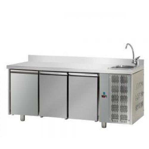 3 doors Stainless Steel GN 1/1 Refrigerated Counter with complete sink, Tecnodom TF03MIDGNL