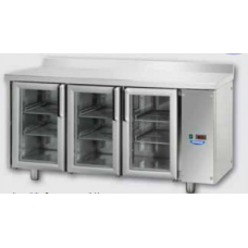 3 glass doors Stainless Steel GN 1/1 Refrigerated Counter with 2 Neon lights and 100 mm rear rise working top, designed for Normal Temperature remote condensing unit, Tecnodom TF03MIDPVSGAL