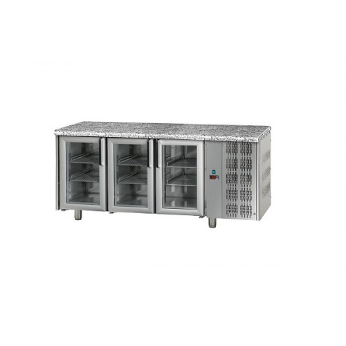 3 glass doors Stainless Steel GN 1/1 Refrigerated Counter with 2 Neon lights and Granite working top, Tecnodom TF03MIDPVGRA