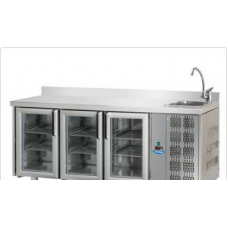 Masă frigorifică, din otel inoxidabil, MID GN 1/1, cu 3 uși, cu 2 lămpi de neon, și suprafață de lucru 100 mm cu plintă și chiuvetă incorporată, Tecnodom TF03MIDPVLAL