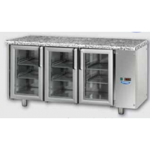 Masă frigorifică, din otel inoxidabil, MID GN 1/1, cu 3 uși, cu 2 lămpi de neon, și suprafață de lucru din granit, conceput pentru unitatea de condensare la distanță, cu temepratură normală, Tecnodom TF03MIDPVSGGRA