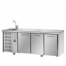 Masă frigorifică, din otel inoxidabil, MID GN 1/1, cu 3 uși, cu chiuveta incorporată si unitate pe partea stanga, Tecnodom TF03MIDGNSXL