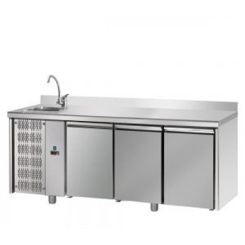 3 doors Stainless Steel GN 1/1 Refrigerated Counter with 100 mm rear riser working top with complete sink and unit on the left side, Tecnodom TF03MIDGNSXLAL
