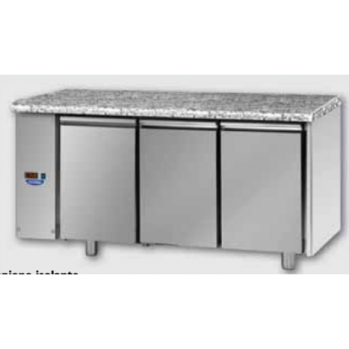 3 doors Stainless Steel GN 1/1 Refrigerated Counter with Granite working top, designed for Normal Temperature remote condensing unit, with connections on the left side, Tecnodom TF03MIDSGSXGRA