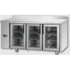 3 glass doors Stainless Steel  GN 1/1 Refrigerated Counter with 2 Neon lights, with 100 mm rear riser working top, designed for Normal Temperature remote condensing unit, with connections on the left side, Tecnodom TF03MIDPVSGSXAL