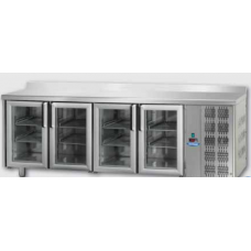 Masă frigorifică, din otel inoxidabil, MID GN 1/1, cu 4 uși de sticlă, cu 3 lămpi neon,cu suprafață de lucru 100 mm și plintă , Tecnodom TF04MIDPVAL