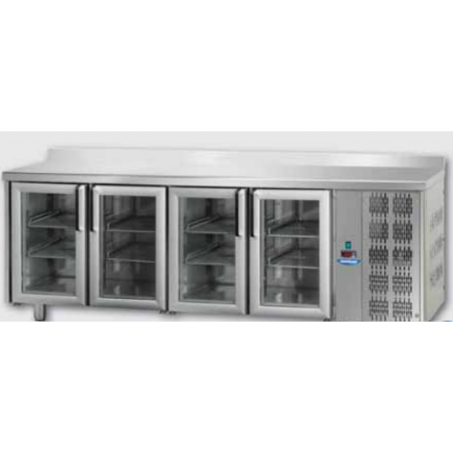 Masă frigorifică, din otel inoxidabil, MID GN 1/1, cu 4 uși de sticlă, cu 3 lămpi neon,cu suprafață de lucru 100 mm și plintă , Tecnodom TF04MIDPVAL