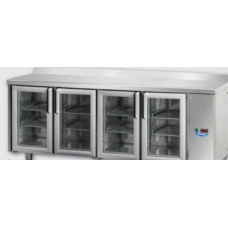 Masă frigorifică, din otel inoxidabil, MID GN 1/1, cu 4 uși de sticlă, cu 3 lămpi neon,cu suprafață de lucru 100 mm și plintă,proiectat pentru unitatea de condensare la distanță, cu temperatură normală  , Tecnodom TF04MIDPVSGAL