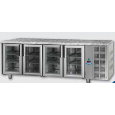 Masă frigorifică, din otel inoxidabil, MID GN 1/1, cu 4 uși de sticlă, cu 3 lămpi neon, cu suprafață de lucru din granit, Tecnodom TF04MIDPVGRA