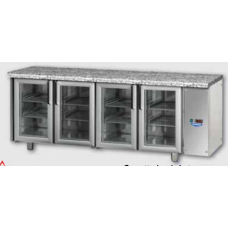 Masă frigorifică, din otel inoxidabil, MID GN 1/1, cu 4 uși de sticlă, cu 3 lămpi neon, cu suprafață de lucru dni granit, proiectat pentru unitatea de condensare de la distanță, cu temperatură  normală, Tecnodom TF04MIDPVSGGRA