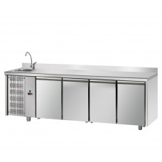 4 doors Stainless Steel GN 1/1 Refrigerated Counter with 100 mm rear riser working top with complete sink and unit on the left side, Tecnodom TF04MIDGNSXLAL