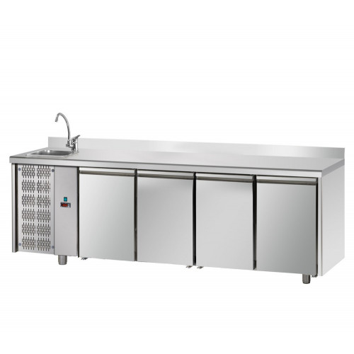 4 doors Stainless Steel GN 1/1 Refrigerated Counter with 100 mm rear riser working top with complete sink and unit on the left side, Tecnodom TF04MIDGNSXLAL