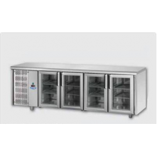 Masă frigorifică, din otel inoxidabil, MID GN 1/1, cu 4 uși de sticlă ,cu 3 lumini neon și unitate pe partea stângă, Tecnodom TF04MIDPVSX
