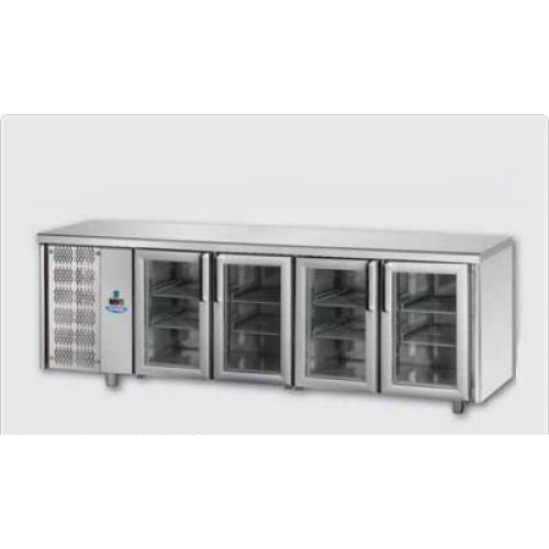 Masă frigorifică, din otel inoxidabil, MID GN 1/1, cu 4 uși de sticlă ,cu 3 lumini neon și unitate pe partea stângă, Tecnodom TF04MIDPVSX