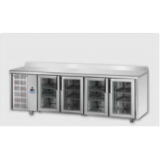 Masă frigorifică, din otel inoxidabil, MID GN 1/1, cu 4 uși de sticlă ,cu 3 lumini neon, suprafața de lucru 100 și plintă, cu unitate pe partea stângă, Tecnodom TF04MIDPVSXAL