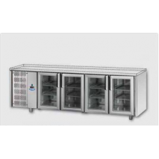 Masă frigorifică, din otel inoxidabil, MID GN 1/1, cu 4 uși de sticlă ,cu 3 lumini neon, fără suprafața de lucru, cu unitate pe partea stângă, Tecnodom TF04MIDPVSPSX