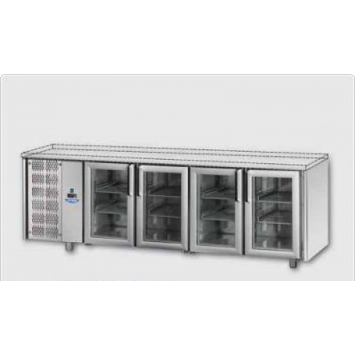 Masă frigorifică, din otel inoxidabil, MID GN 1/1, cu 4 uși de sticlă ,cu 3 lumini neon, fără suprafața de lucru, cu unitate pe partea stângă, Tecnodom TF04MIDPVSPSX