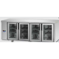 Masă frigorifică, din otel inoxidabil, MID GN 1/1, cu 4 uși de sticlă ,cu 3 lumini neon, proiectat pentru unitatea de condensare cu temperatură normală de la distanță, cu conexiuni pe partea stângă, Tecnodom TF04MIDPVSGSX