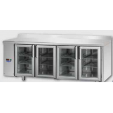 Masă frigorifică, din otel inoxidabil, MID GN 1/1, cu 4 uși de sticlă ,cu 3 lumini neon, cu suprafață de lucru 100 mm și plintă,  proiectat pentru unitatea de condensare cu temperatură normală de la distanță, cu conexiuni pe partea stângă, Tecnodom TF04MI