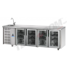 4 glass doors Stainless Steel GN 1/1 Refrigerated Counter with 3 Neon lights,100 mm rear riser working top with complete sink and unit on the left side , Tecnodom TF04MIDPVSXLAL
