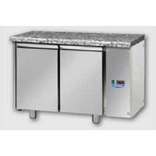 2 doors Low Temperature Stainless Steel GN 1/1 Refrigerated Counter with 100 mm rear riser working top and unit on the left side, Tecnodom 2 doors Stainless Steel GN 1/1 Refrigerated Counter with Granite working top, designed for Low Temperature remote co