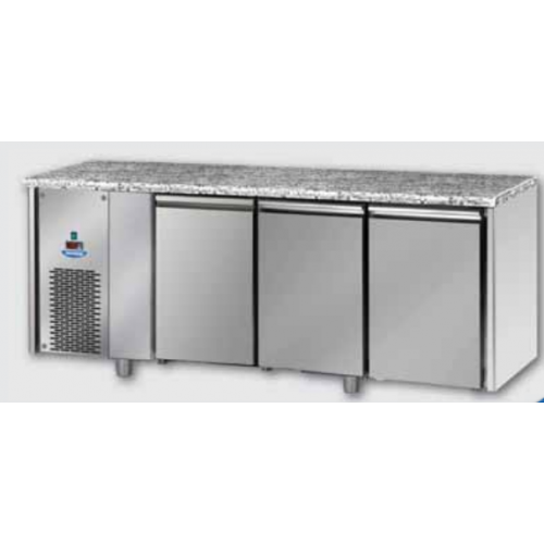 Masă frigorifică, din otel inoxidabil, MID GN 1/1, cu 3 uși, cu suprafață de lucru din granit, cu unitatea pe partea stanga, Tecnodom TF03MIDBTSXGRA