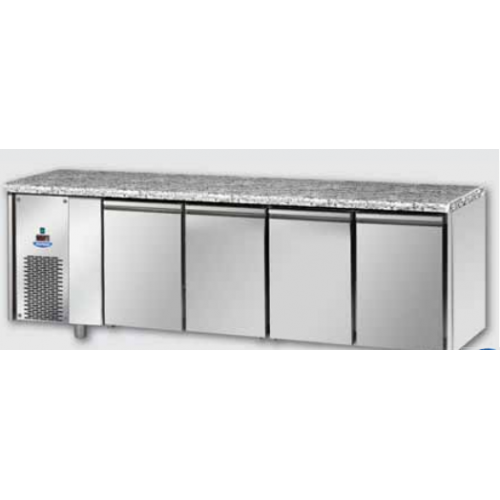 Masă frigorifică, din otel inoxidabil, MID GN 1/1, cu 4 uși,cu suprafață de lucru din granit și cu unitate pe partea stângă, Tecnodom TF04MIDBTSXGRA