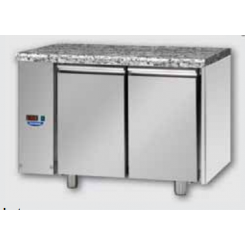 2 doors Stainless Steel 600x400 Refrigerated Pastry Counter with Granite working top, designed for Normal Temperature remote condensing unit, with connections on the left side, Tecnodom TP02MIDSGSXGRA