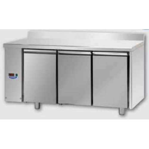 3 doors Stainless Steel 600x400 Refrigerated Pastry Counter with 100 mm rear riser working top, designed for Normal Temperature remote condensing unit, with connections on the left side, Tecnodom TP03MIDSGSXAL