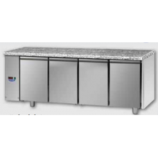 4 doors Stainless Steel 600x400 Refrigerated Pastry Counter with Granite working top, designed for Normal Temperature  remote condensing unit,  with connections on the left side, Tecnodom TP04MIDSGSXGRA