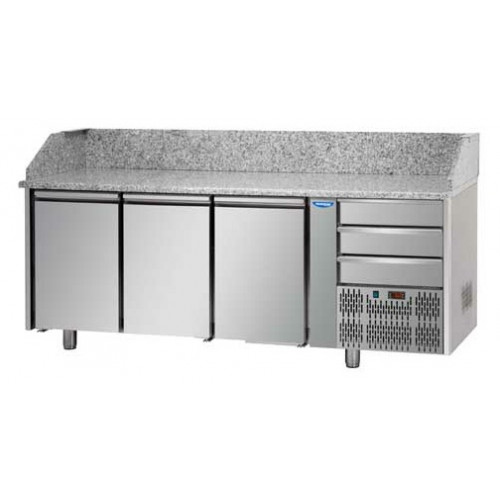 Masă frigorifică pentru pizza, , cu 3 uși, GN1/1, cu 3 sertare neutre și cu suprafață de lucru din granit, Tecnodom PZ03EKOC3