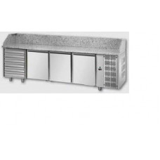 Masă frigorifică pentru pizza, , cu 3 uși, GN1/1, cu 6 sertare neutre, cu suprafață de lucru din granit și unitate pe partea stângă,  Tecnodom PZ04EKOC6