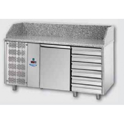 Masă frigorifică pentru pizza, cu 1 ușă, 600x400 ,cu 6 sertare neutre și cu suprafață de lucru din granit si unitate pe partea stanga, Tecnodom PZ02MIDC6SX