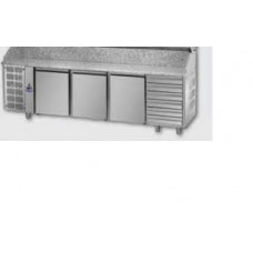 Морозильный стол для пиццы, 600x400, с 3 дверьми, с 6 нейтральными ящиками с гранитной столешницей, блоком с левой стороны и морозильной витриной ,Tecnodom PZ04MIDC6SX