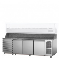 Masă frigorifică pentru pizza, EN60×40, cu unitate integrată, cu 3 uși și sertar, fără vitrină, temp.-2°+8°C, Coldline TZ17/1MC