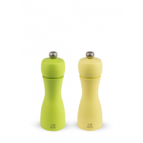 Manual salt and pepper mill duo, beech wood, apple green and straw colour, 15 cm, 33262, Duo Tahiti Spring, Peugeot