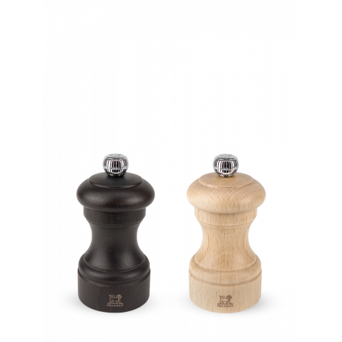Duo of manual salt and pepper mills, beech wood, chocolate and natural wood, 10 cm, 22594, Bistro, Peugeot