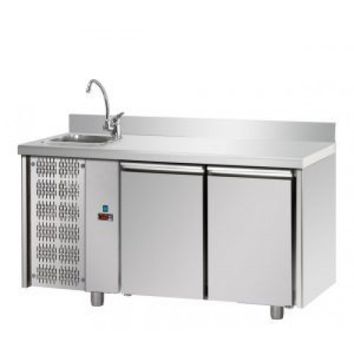 2 doors Stainless Steel GN 1/1 Refrigerated Counter with 100 mm rear riser working top with complete sink and unit on the left side, Tecnodom TF02MIDGNSXLAL